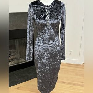 Paper Crane Grey Velour Long Sleeve Midi Dress